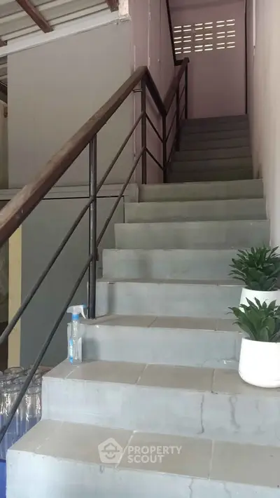 Modern staircase with potted plants leading to upper floor in contemporary building.