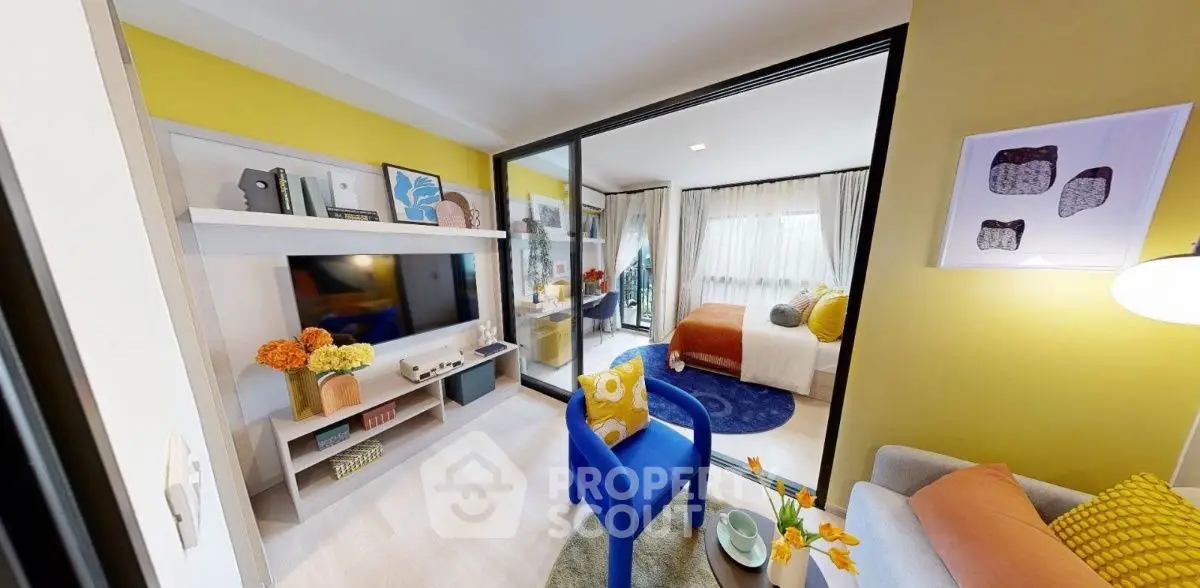 Modern living room with vibrant decor and cozy bedroom view