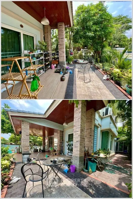 Charming garden patio with lush greenery and cozy seating area, perfect for relaxation and outdoor gatherings.
