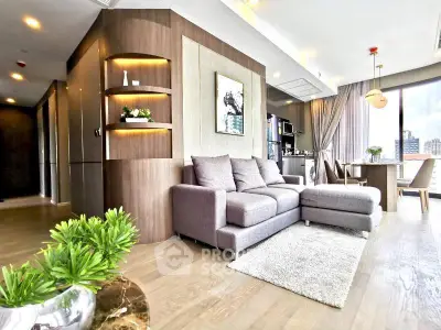 Spacious modern living room with elegant decor and city view, perfect for urban living.