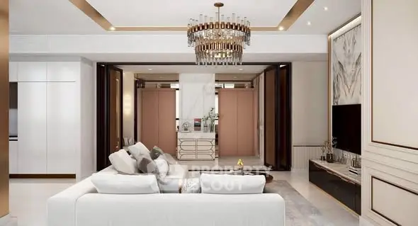 Luxurious modern living room with elegant chandelier and plush white sofa