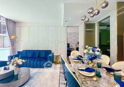 Luxurious living room with elegant dining area and modern decor