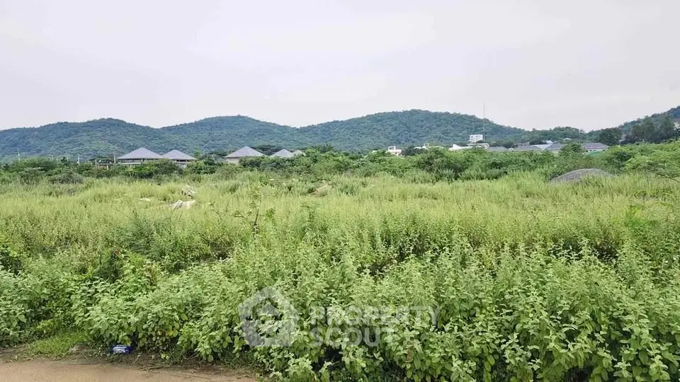 Expansive land plot with lush greenery and scenic mountain backdrop, ideal for development opportunities.
