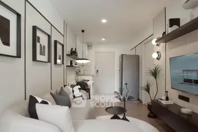 Modern living room with stylish decor and open kitchen layout