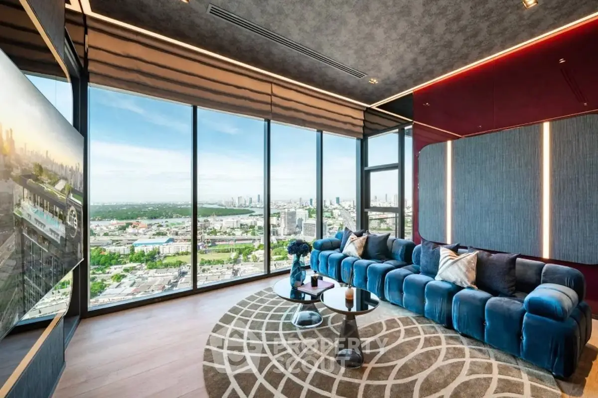 Luxurious living room with panoramic city view and modern decor
