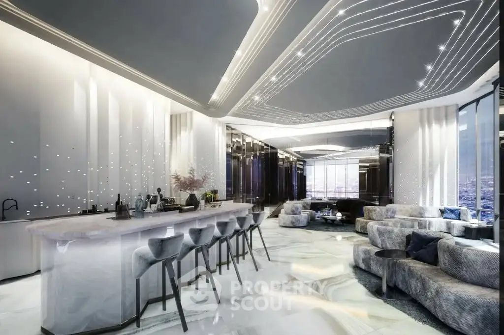 Luxurious modern living room with elegant bar and stunning city view
