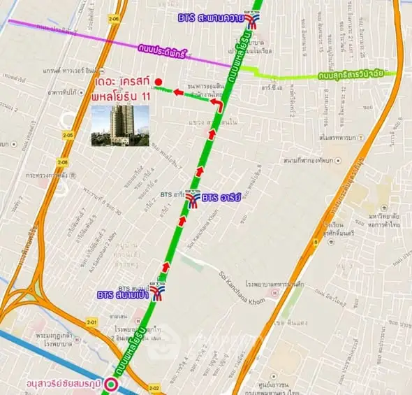 Map showing route to BTS stations near a real estate property in Bangkok.