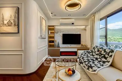 Luxurious living room with mountain view, elegant decor, and modern amenities.