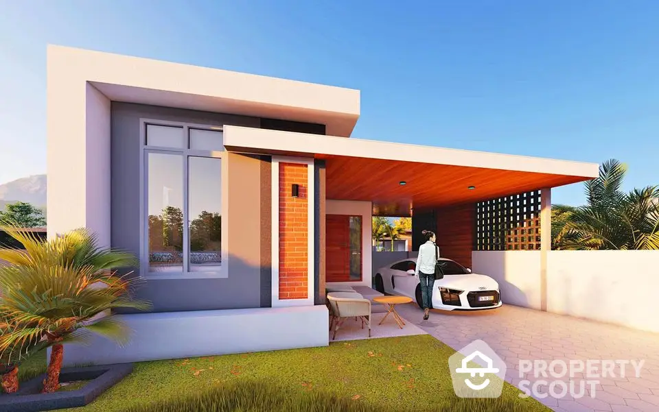 Modern single-story home with sleek design, carport, and landscaped front yard, perfect for contemporary living.