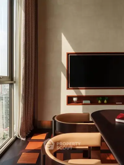 Luxurious modern living room with large window and elegant decor
