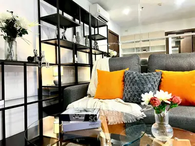 Modern living room with stylish decor and cozy seating area