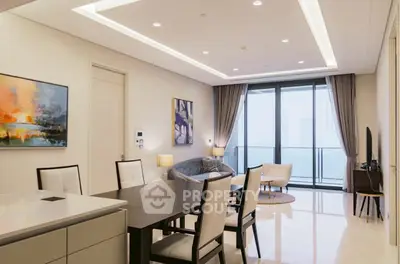 Luxurious modern living room with elegant dining area and stunning balcony view.