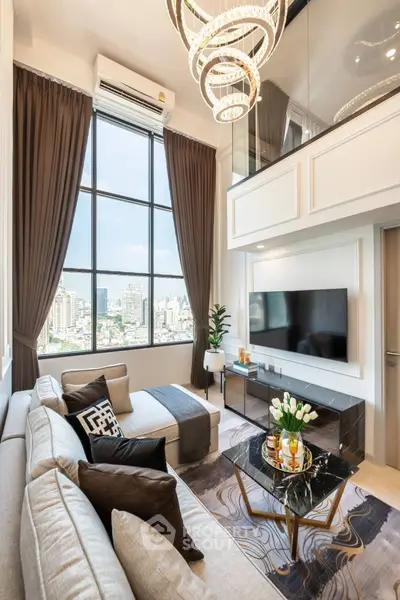 Luxurious modern living room with high ceilings and stunning city view