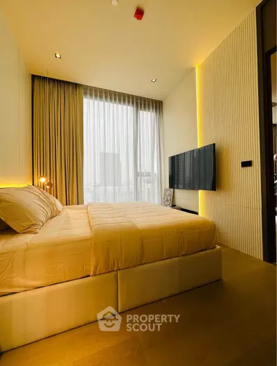 Luxurious modern bedroom with floor-to-ceiling windows and stylish decor