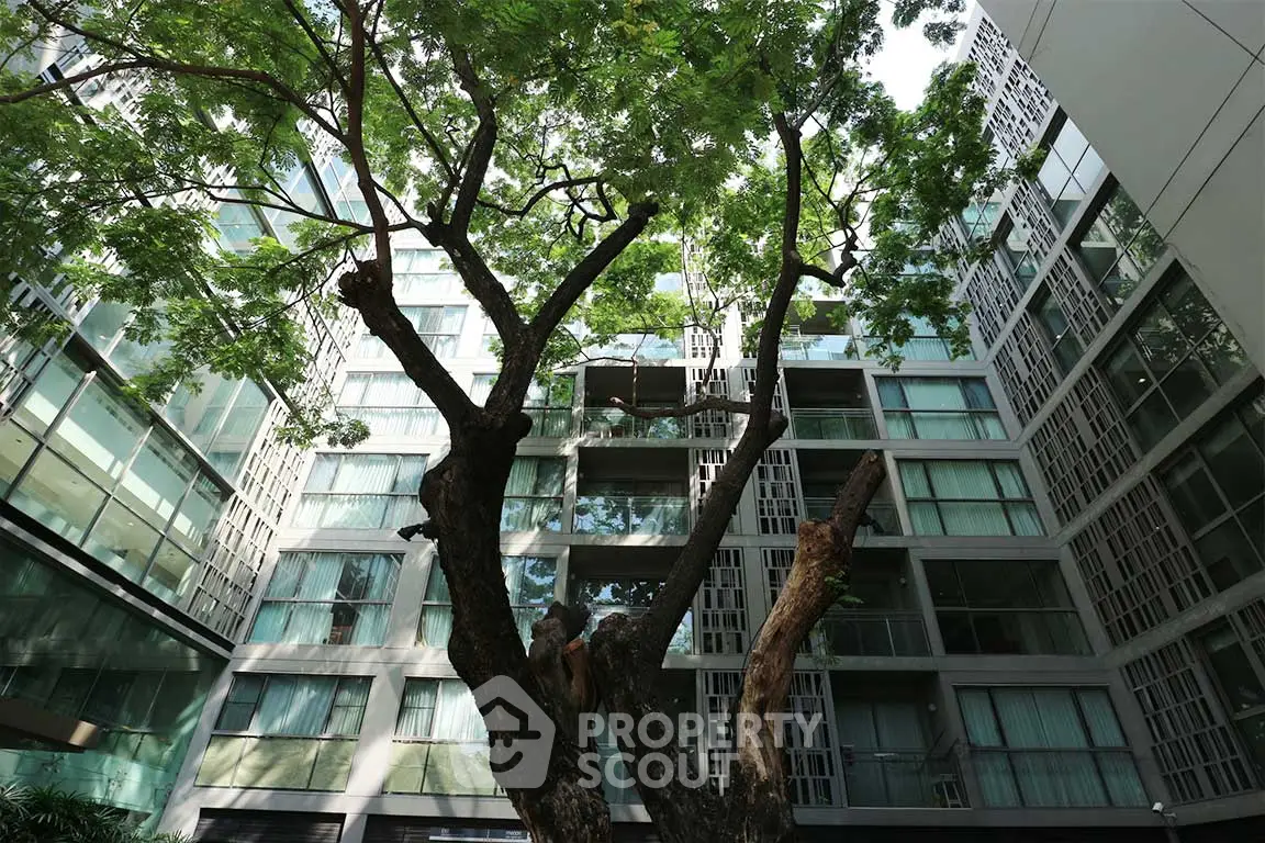 Modern apartment building with lush tree in courtyard, offering serene urban living.