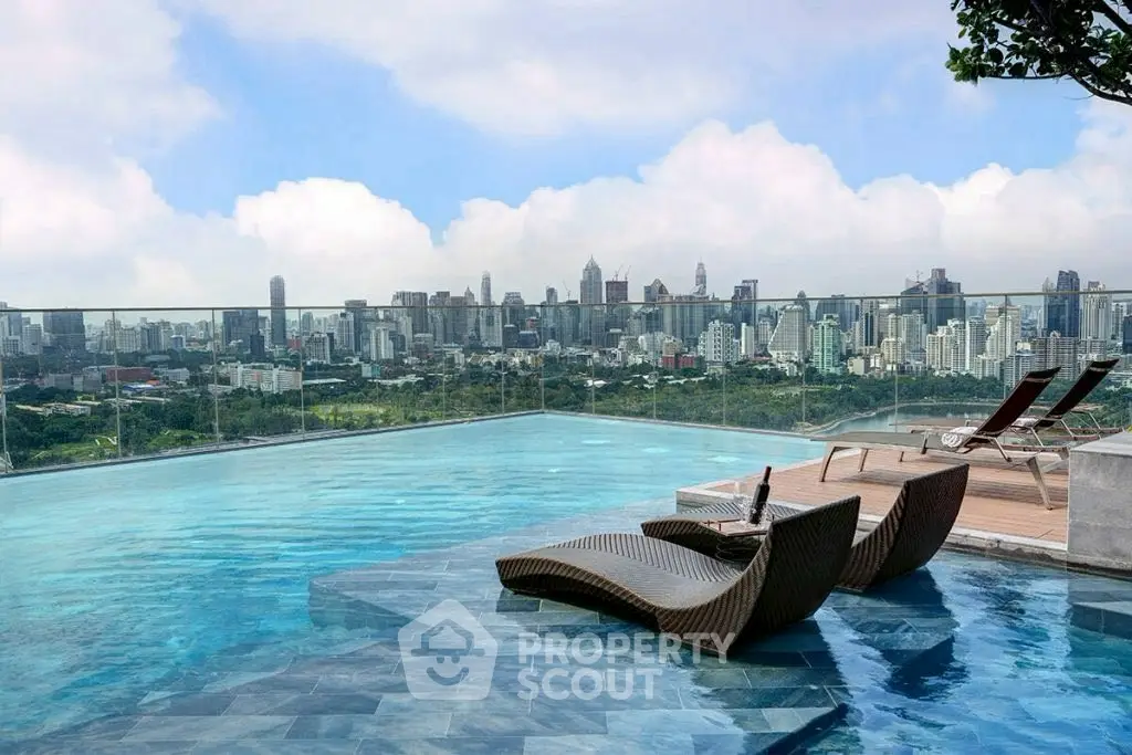Luxurious rooftop pool with stunning city skyline view, perfect for relaxation and leisure.