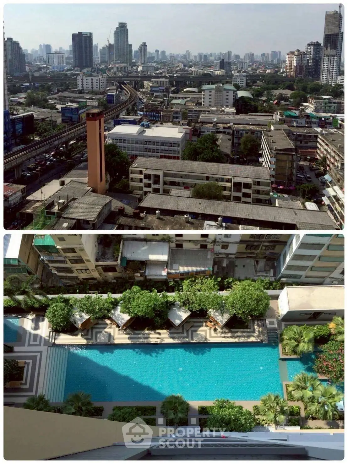 Stunning cityscape view with luxurious rooftop pool in urban setting