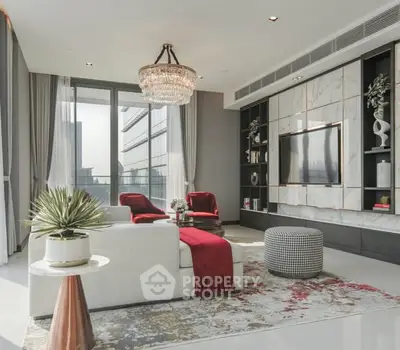 Luxurious modern living room with elegant decor and large windows