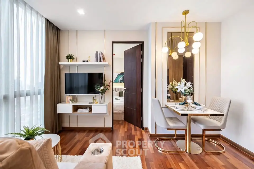 Modern living room with elegant dining area and stylish decor