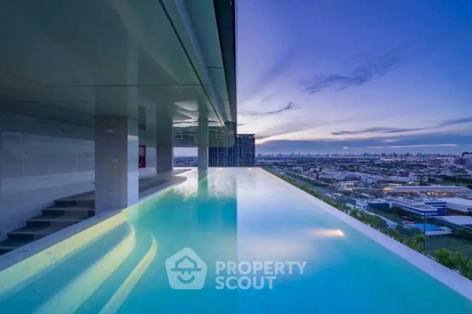 Stunning rooftop infinity pool with breathtaking city skyline view at sunset.