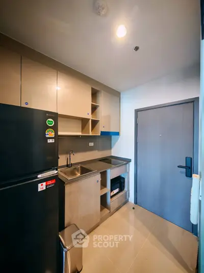 Modern compact kitchen with sleek cabinetry and appliances in a stylish apartment.