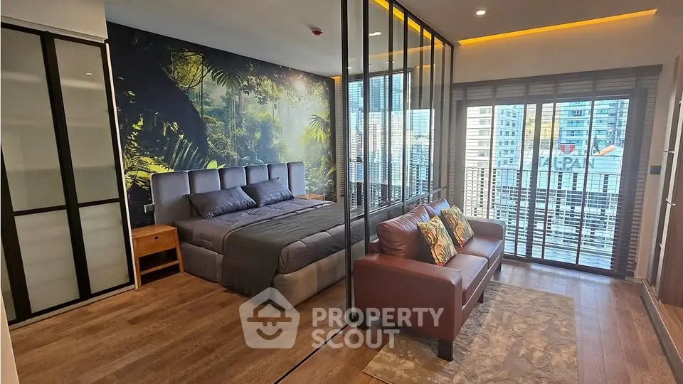 Luxurious bedroom with city view and stylish decor in modern apartment