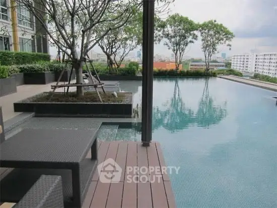 Luxurious rooftop pool with stunning city views and modern seating area.