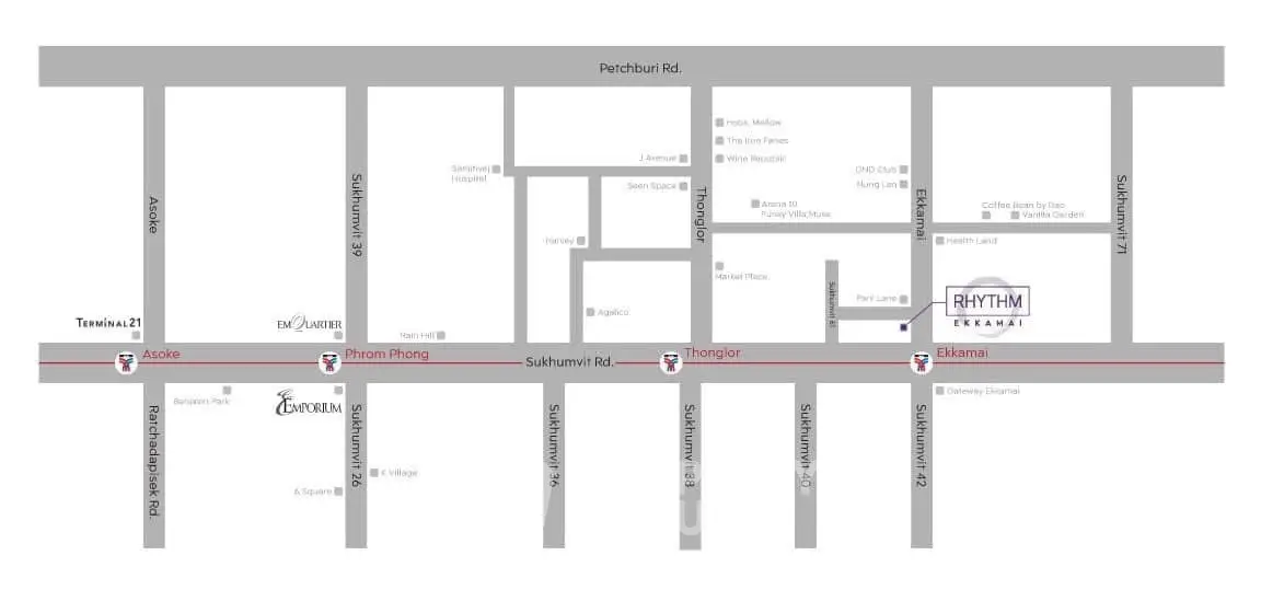 Map showing real estate locations along Sukhumvit Road in Bangkok.