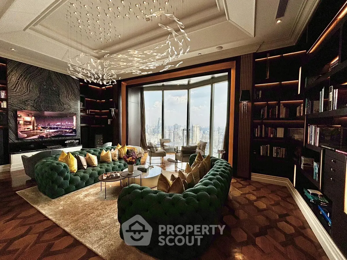 Luxurious living room with panoramic city view, elegant decor, and plush seating in a high-rise apartment.