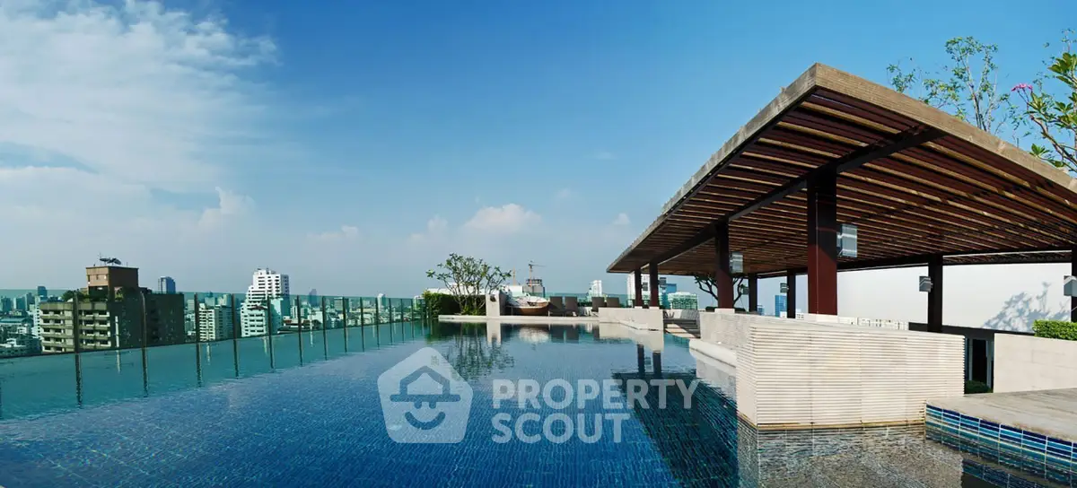 Luxurious rooftop infinity pool with stunning city skyline views and modern pergola.