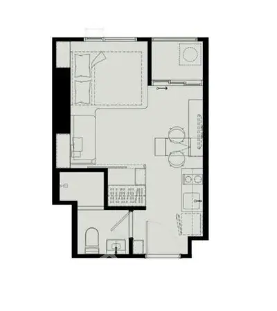 Compact studio apartment floor plan with efficient layout and modern amenities.