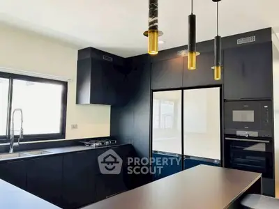 Modern kitchen with sleek black cabinetry and built-in appliances