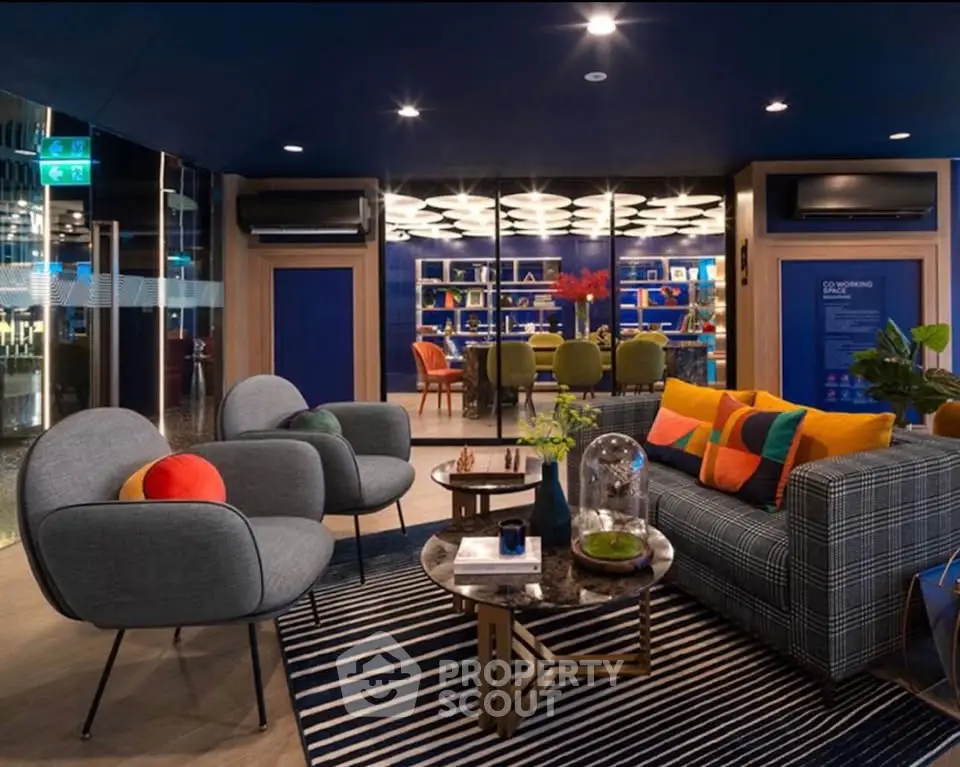 Stylish modern living room with vibrant decor and cozy seating area