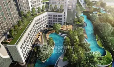 Luxurious modern apartment complex with stunning rooftop gardens and winding pool.