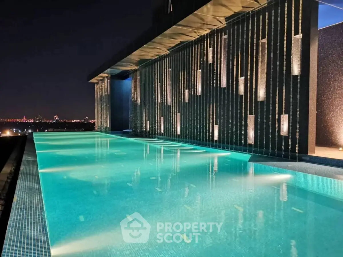 Luxurious rooftop infinity pool with stunning city skyline view at night.