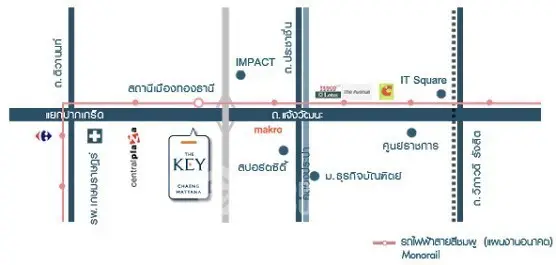 Map showing location of The Key Chaengwattana near major landmarks and transportation routes.