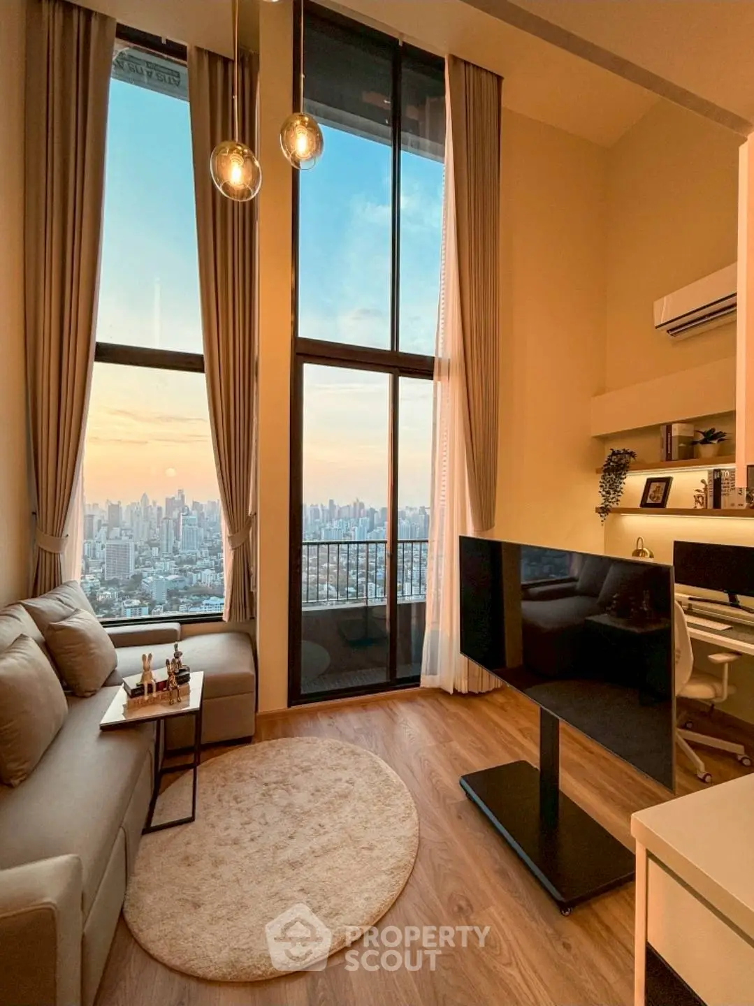 Luxurious living room with stunning city view and modern decor