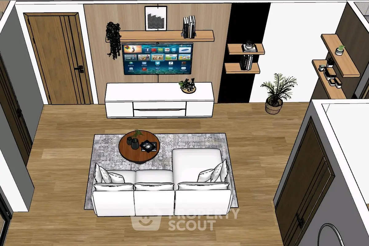 Modern living room with sleek furniture and wall-mounted TV in stylish apartment.