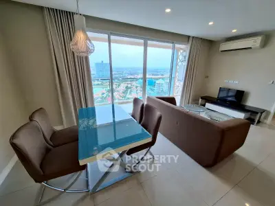 Modern living room with stunning city view, stylish furniture, and natural light.