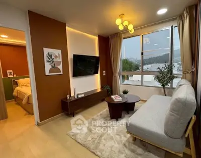 Stylish living room with modern decor and large window view
