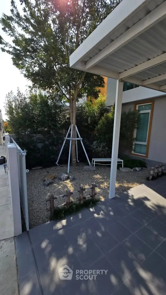 Modern garden with tree and bench in contemporary home exterior