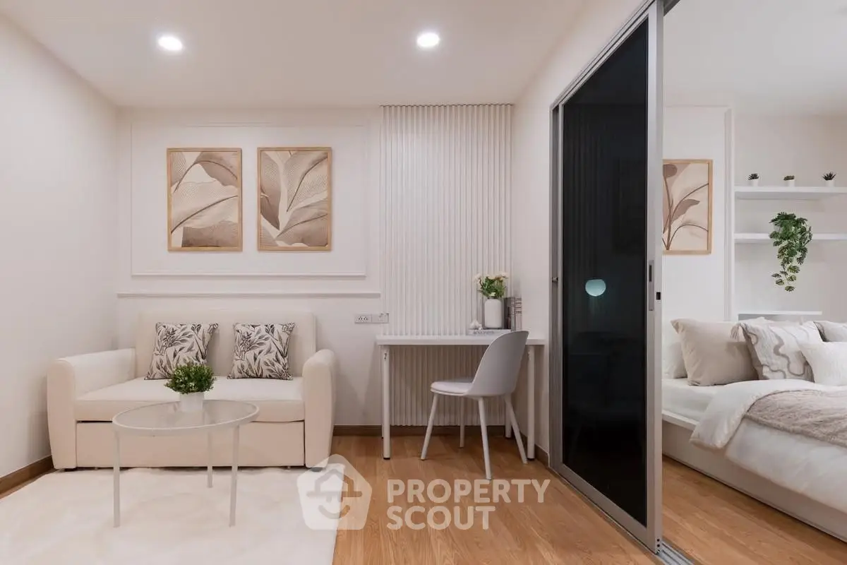 Modern open-plan living room with cozy decor and stylish furniture