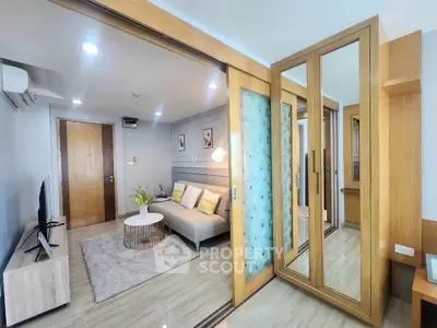 Modern living room with stylish decor and wooden accents