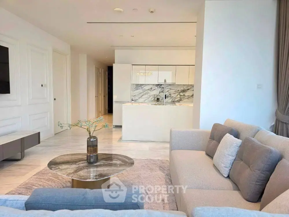 Luxurious modern living room with elegant open kitchen and stylish decor