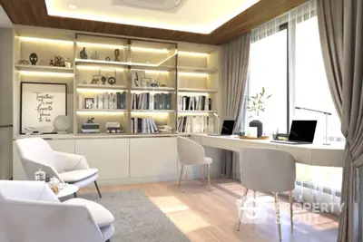 Elegant home office with custom shelving, modern furniture, and ample natural light, perfect for productivity and style.