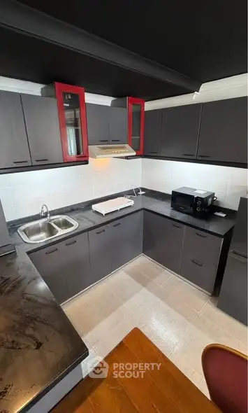 Modern kitchen with sleek black cabinets and dual sink in stylish apartment.