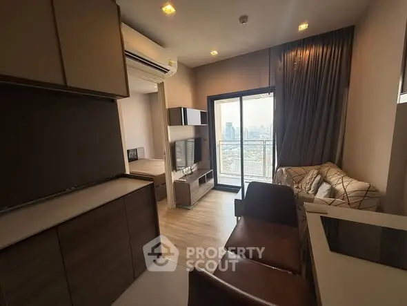 Modern apartment living room with city view and stylish interior design