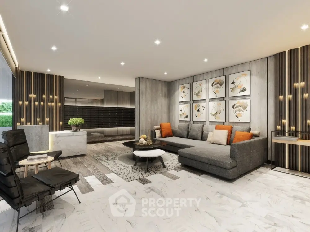 Luxurious modern living room with elegant decor and spacious seating area.