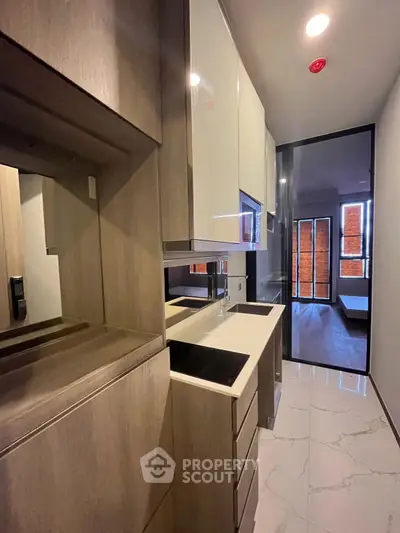 Modern kitchen with sleek cabinetry and induction cooktop in a stylish apartment