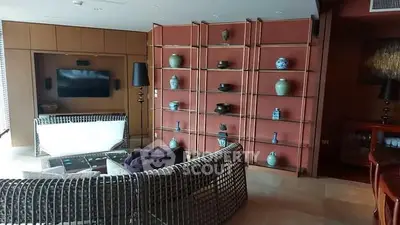 Luxurious living room with elegant decor and modern entertainment setup